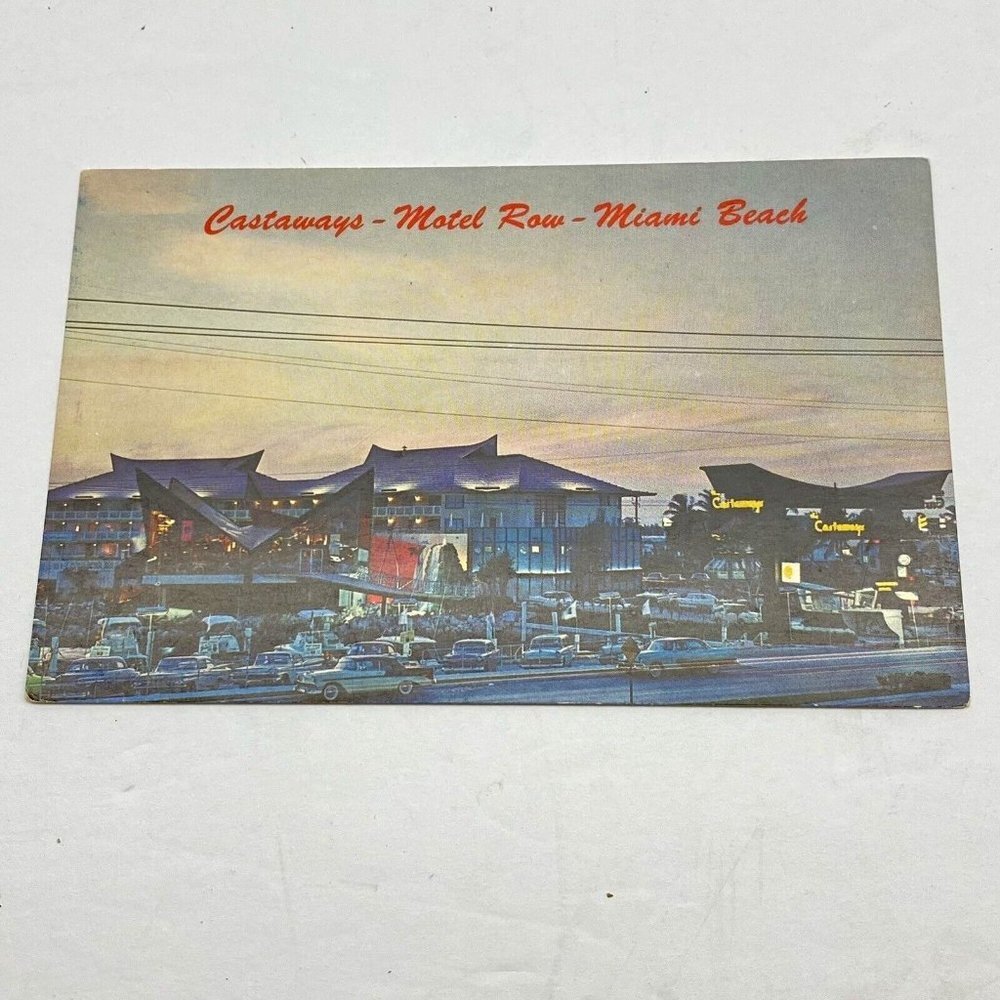 Vintage Miami Beach FL Postcard Castaways Motel Row Sunset 50s 60s Cars